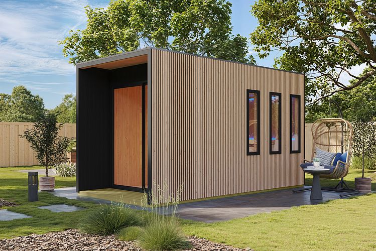 Karibu Design Saunahaus Miramar mit Vorraum - Douglasie-Lamellenprofil  - 73 mm