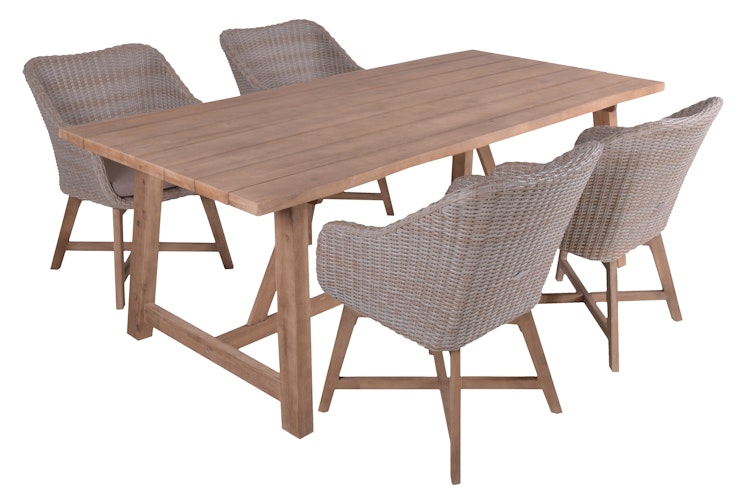 Garden Pleasure Gartenmöbel Set OAKLAND 12, Tisch 200 x 100 + 4 Sessel, Akazie / Polyrattan Zimtbraun / Kissen 100 % Polyester Taupe