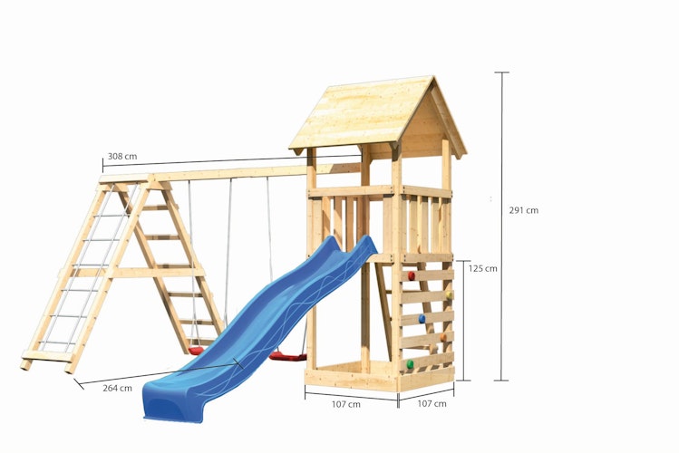 Akubi Kinderspielturm Lotti mit Satteldach inkl. Wellenrutsche, Doppelschaukelanbau, Klettergerüst und Kletterwand