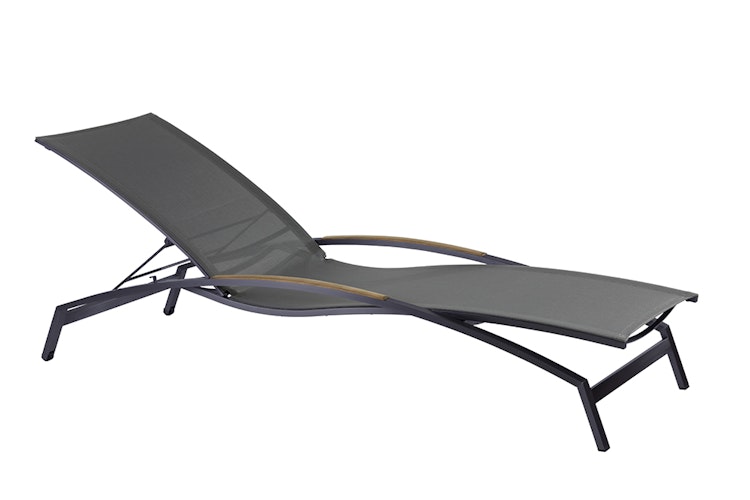 Diamond Garden Liege VALENCIA, Edelstahl Dunkelgrau / Sunproof Sling  Schwarz/Silber / Teak-Armlehnen