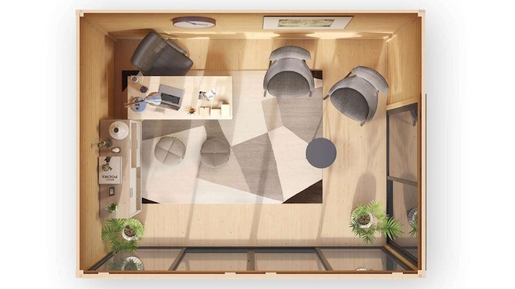 Designhaus 412 Gr. 2 mit Glasschiebetür (Homeoffice-Gartenhaus) - 44 mm