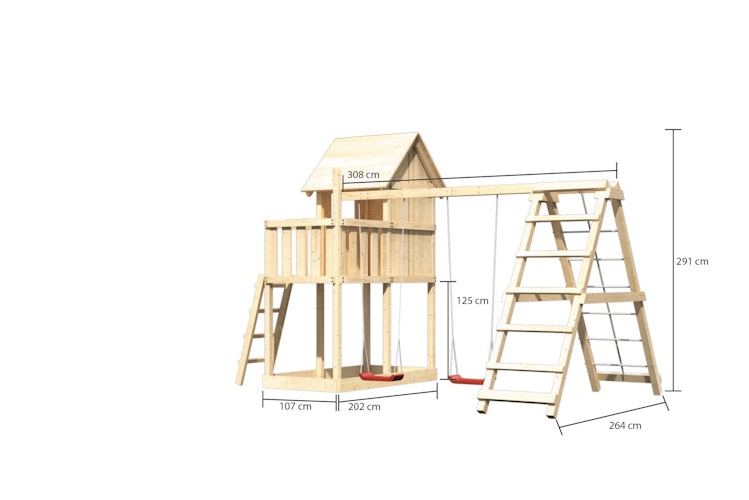 Akubi Stelzenhaus Frieda mit Doppelschaukelanbau und Klettergerüst