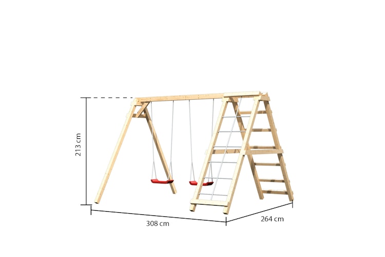 Akubi Kinderspielgerät Doppelschaukel Felix mit Klettergerüst und Netzrampe