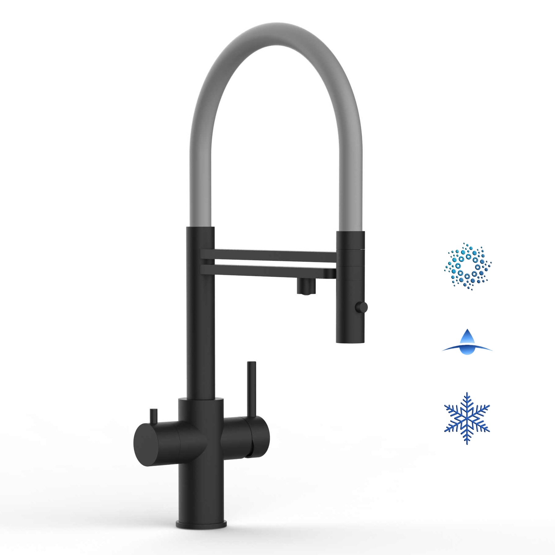 5 Wege Wasserhahn Küchenarmatur, Edelstahl Massiv mit 360° schwenkbarem Auslauf, abnehmbare 2 strahl Handbrause, PVD Schwarz Matt / Grau