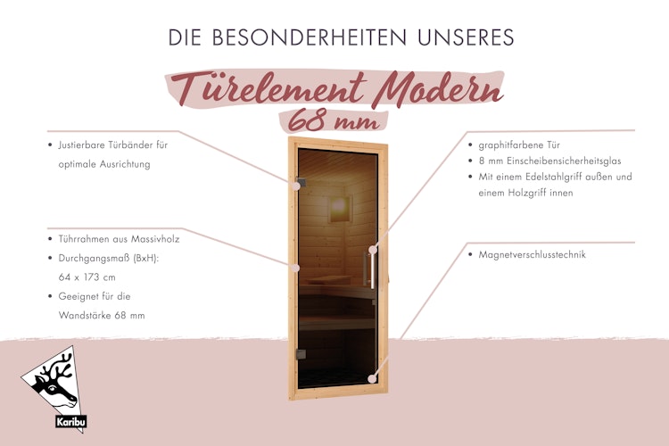 Karibu graphitfarbene Ganzglastür für 68 mm Kabinen