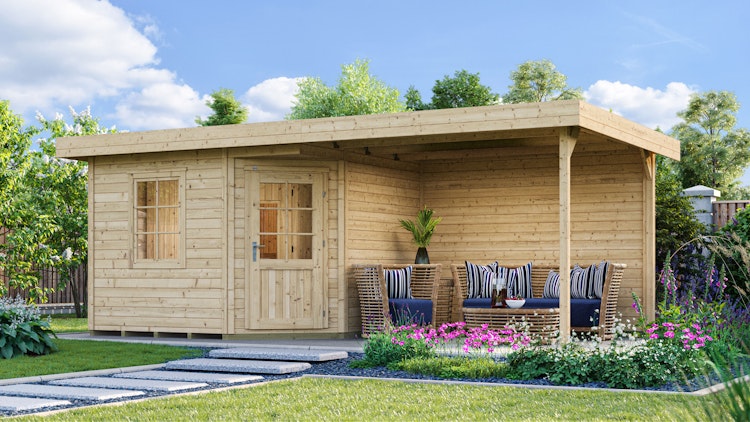 Weka Blockbohlen Saunahaus Salo 2 (mit 303 cm Anbau) inkl. Elementsauna 28/68 mm