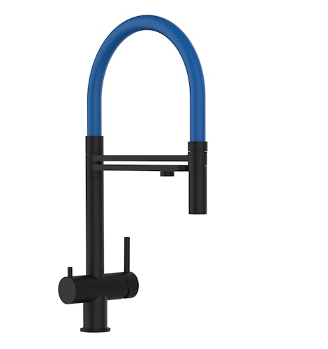 3 Wege Wasserhahn Küchenarmatur, Edelstahl Massiv mit 360° schwenkbarem Auslauf und abnehmbare 2 strahl Handbrause, PVD Schwarz Matt / Blau