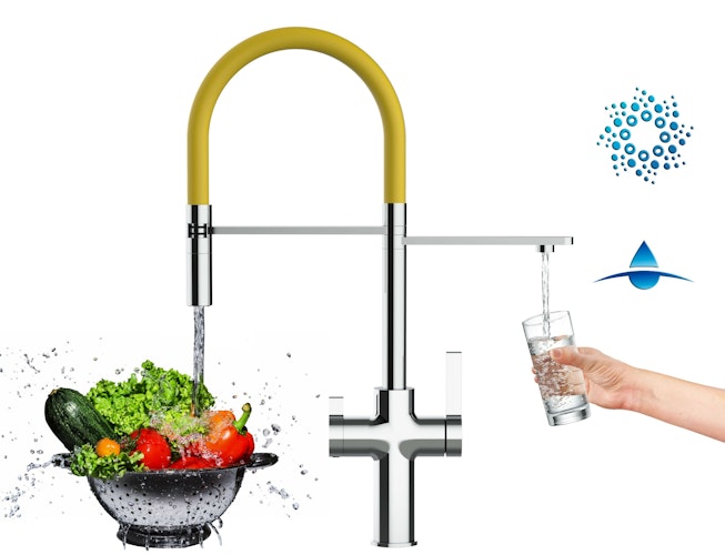 4 Wege Wasserhahn Küchenarmatur, FC, mit 360° schwenkbarem Auslauf, abnehmbare 2 strahl Handbrause, Verchromt / Gelb