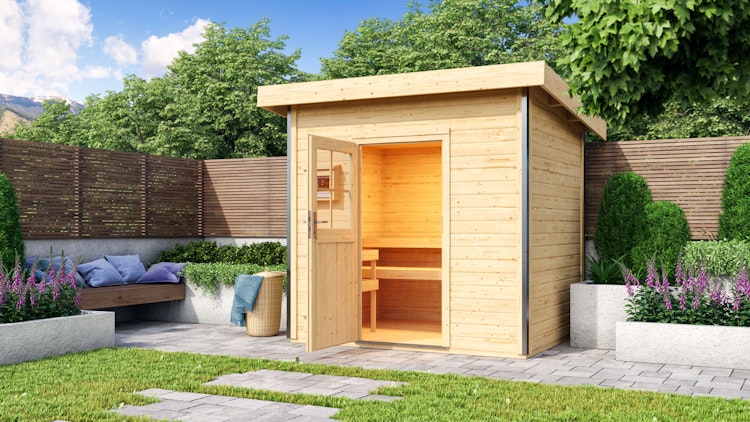 Karibu Gartensauna Pultdach Saunahaus Norge naturbelassen inkl. gratis Sauna-Zubehörset im Wert von 234,94 €