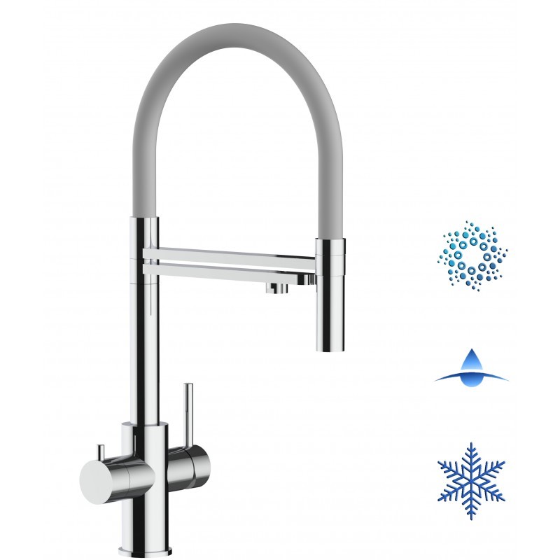 5 Wege Wasserhahn Küchenarmatur, Edelstahl Massiv mit 360° schwenkbarem Auslauf, abnehmbare 2 strahl Handbrause, Hochglanz / Grau