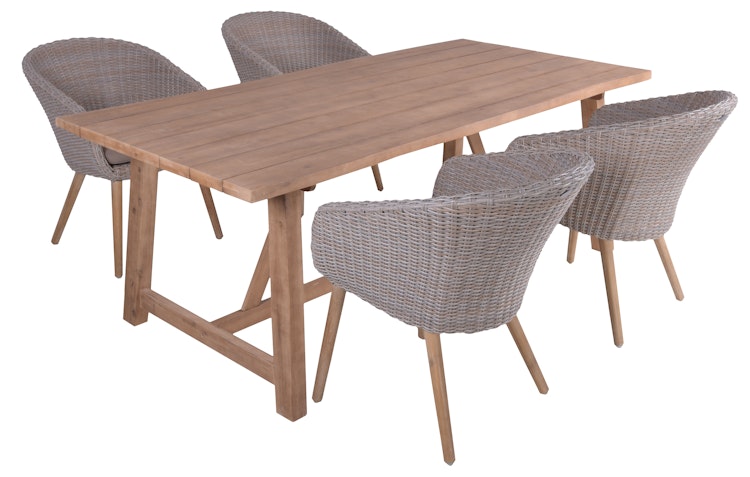 Garden Pleasure Gartenmöbel Set OAKLAND / VISALIA, Tisch 200 x 100 + 4 Sessel, Akazie / Polyrattan Muskatnuss / Kissen 100 % Polyester Taupe