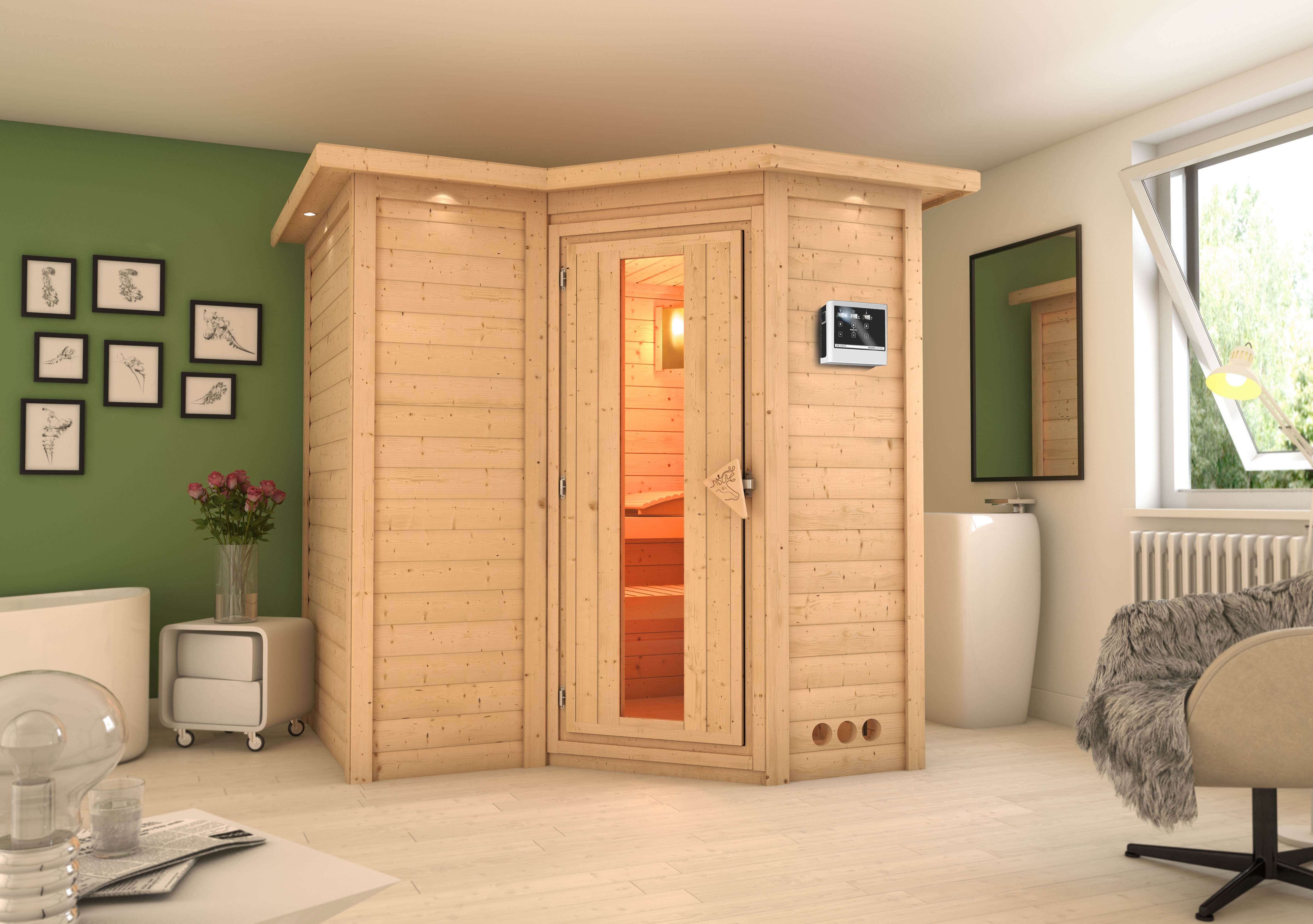 Karibu Sauna Sahib 1-Massivholzsauna 38 mm-Fronteinstieg -Exklusivoptik