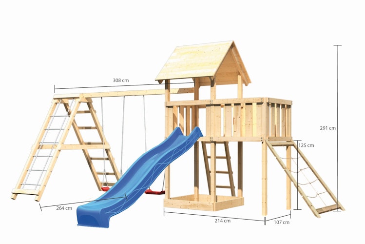 Akubi Kinderspielturm Lotti mit Satteldach inkl. Wellenrutsche, Doppelschaukelanbau, Klettergerüst, Anbauplattform und Netzrampe