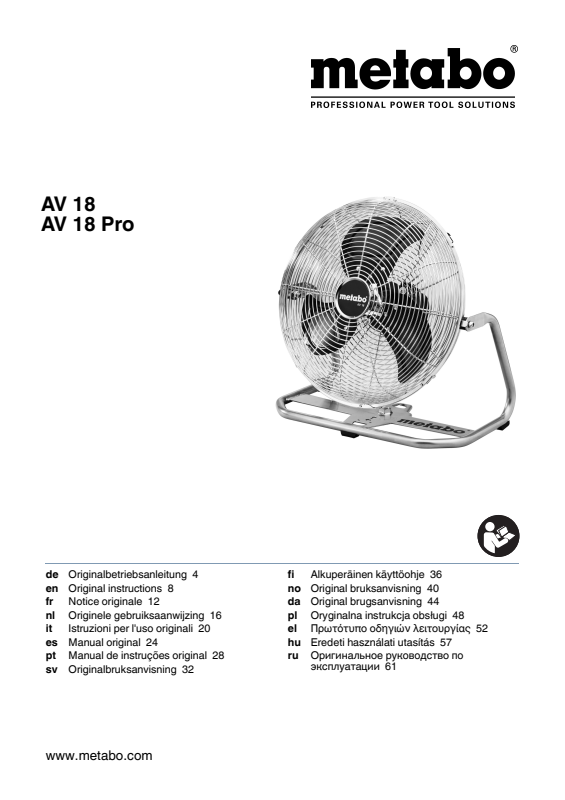 Bedienungsanleitung fÃ¼r Metabo Akku-Ventilator AV 18