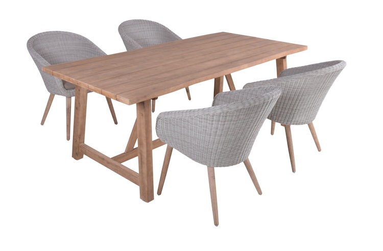 Garden Pleasure Gartenmöbel Set OAKLAND / ARVADA, Tisch 200 x 100 + 4 Sessel, Akazie / Polyrattan Pfeffergrau / Kissen 100 % Polyester Taupe