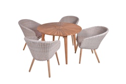 Garden Pleasure Gartenmöbel Set FREMONT / VISALIA, Tisch Ø 110 + 4 Sessel, Akazie / Polyrattan Muskatnuss / Kissen 100 % Polyester Taupe