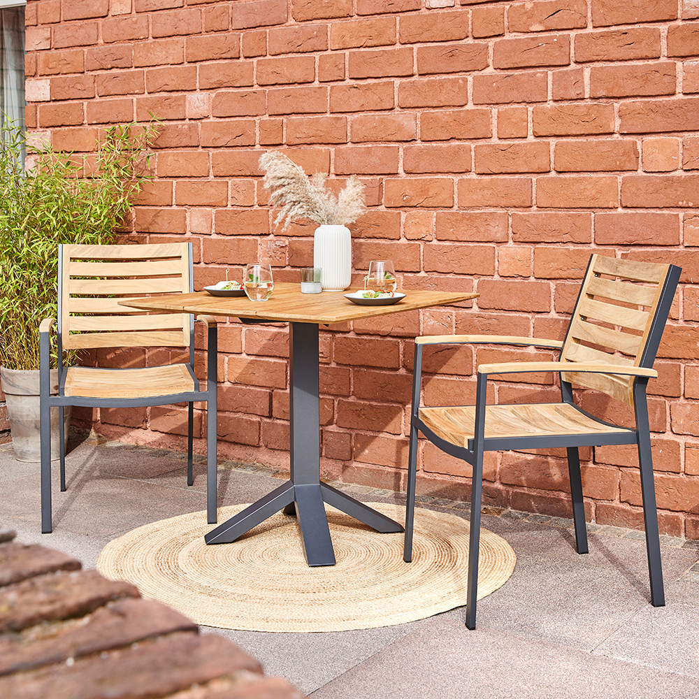 Diamond Garden Balkon-Set SHEFFIELD, Tisch + 2 Stühle, Edelstahl Dunkelgrau / Recycled Teak / Premium Teak