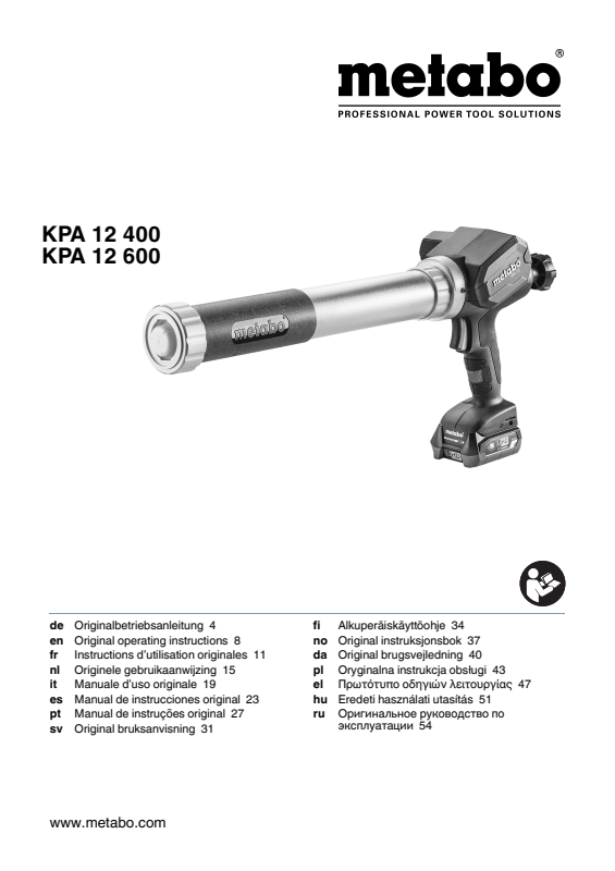Bedienungsanleitung fÃ¼r Metabo Akku-Kartuschenpistole KPA 12 600