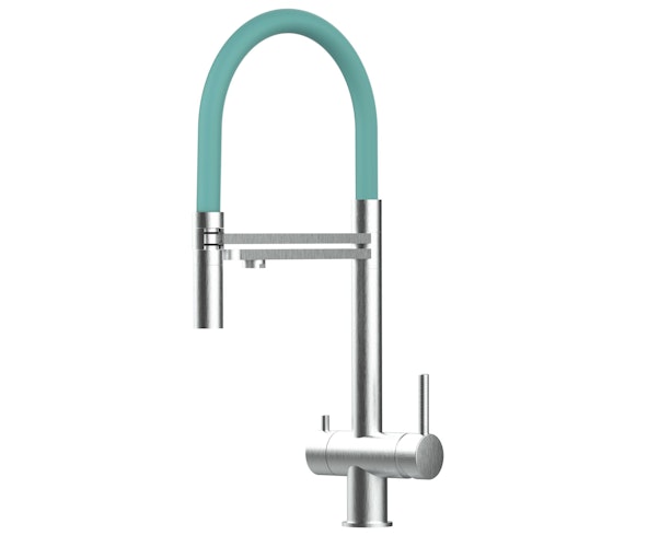 3 Wege Wasserhahn Küchenarmatur, Edelstahl Massiv mit 360° schwenkbarem Auslauf, abnehmbare 2 strahl Handbrause, Gebürstet / Türkis