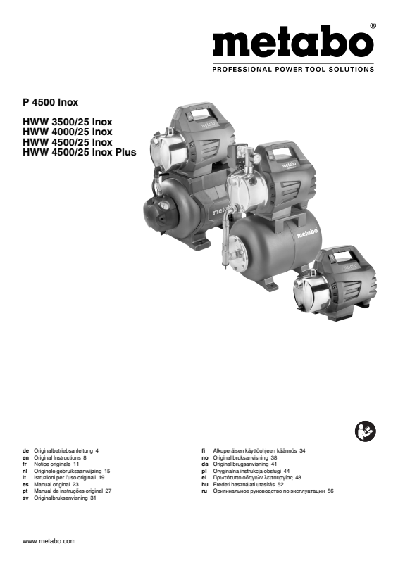 Bedienungsanleitung fÃ¼r Metabo Hauswasserwerk HWW 4000/25 Inox