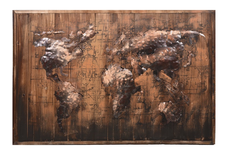 3D Metallbild Weltkarte Braun 120 x 80 cm, Holz / Stahlblech