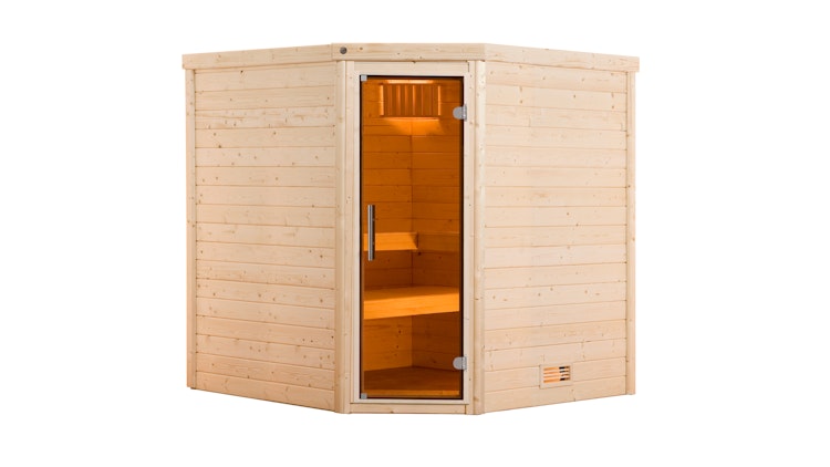 Weka Premium Massivholzsauna Turku 1 Sparset 1 inkl. 7,5 kW Ofen und Leuchtenset - 45 mm - "Alles dabei"