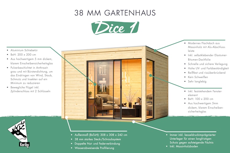 Karibu Design Gartenhaus Dice 1 mit Aluminium Schiebetür - 38 mm (Homeoffice-Gartenhaus)
