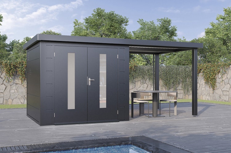 Wolff Finnhaus Premium Metall Gartenhaus Elvar 4824 Anthrazit inkl. 240 cm Anbaudach