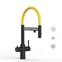 Kurzversion 47 cm - 5 Wege Wasserhahn Küchenarmatur, Edelstahl Massiv mit 360° schwenkbarem Auslauf, abnehmbare 2 strahl Handbrause, PVD Schwarz Matt / Gelb