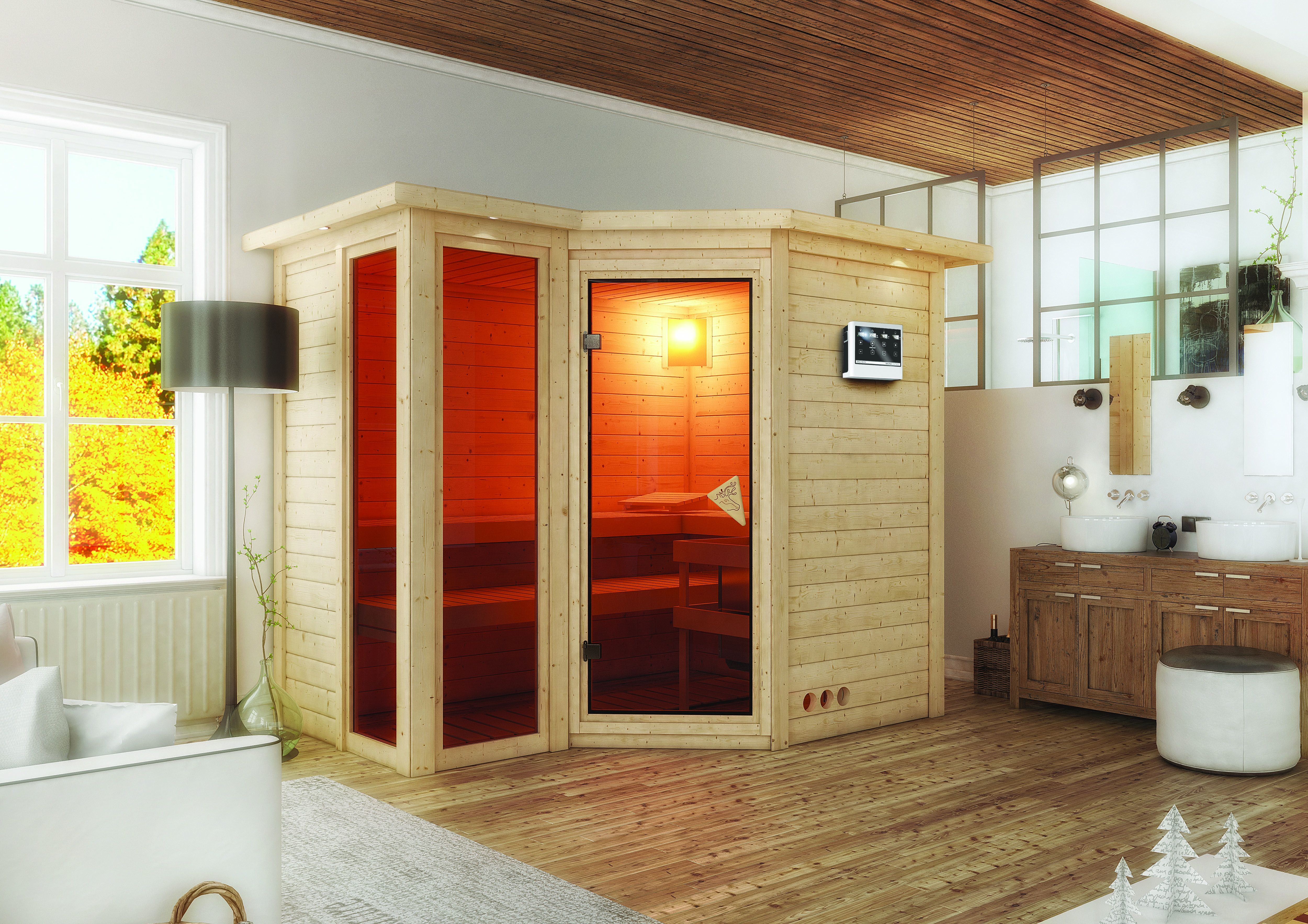 Karibu Sauna Amara-Massivholzsauna 38 mm -Eckeinstieg - Exklusivoptik