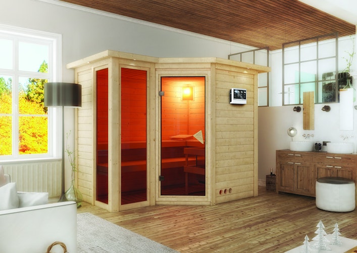 Karibu Sauna Amara-Massivholzsauna 38 mm -Eckeinstieg - Exklusivoptik inkl. gratis Sauna-Zubehörset im Wert von 234,94 €