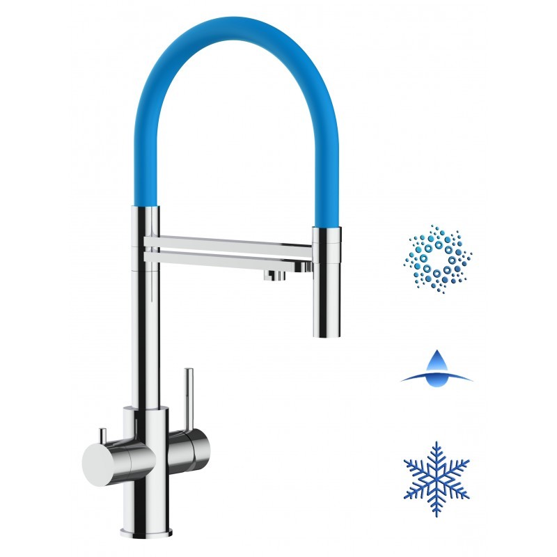 5 Wege Wasserhahn Küchenarmatur, Edelstahl Massiv mit 360° schwenkbarem Auslauf, abnehmbare 2 strahl Handbrause, Hochglanz / Hellblau
