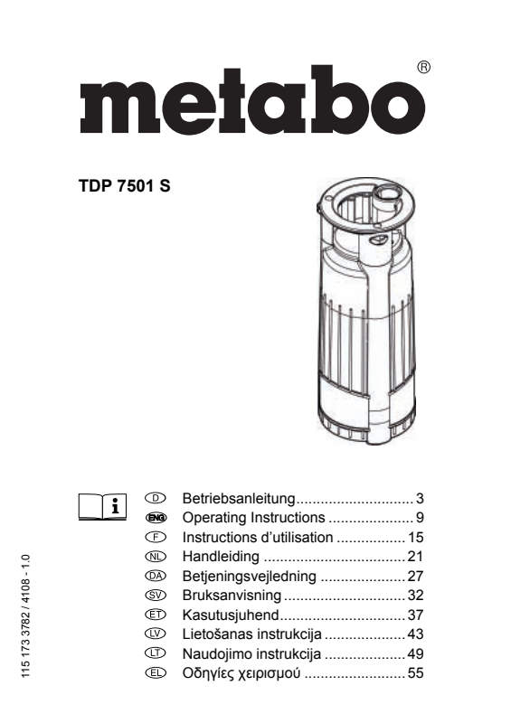 Bedienungsanleitung fÃ¼r Metabo Tauchdruckpumpe TDP 7501 S