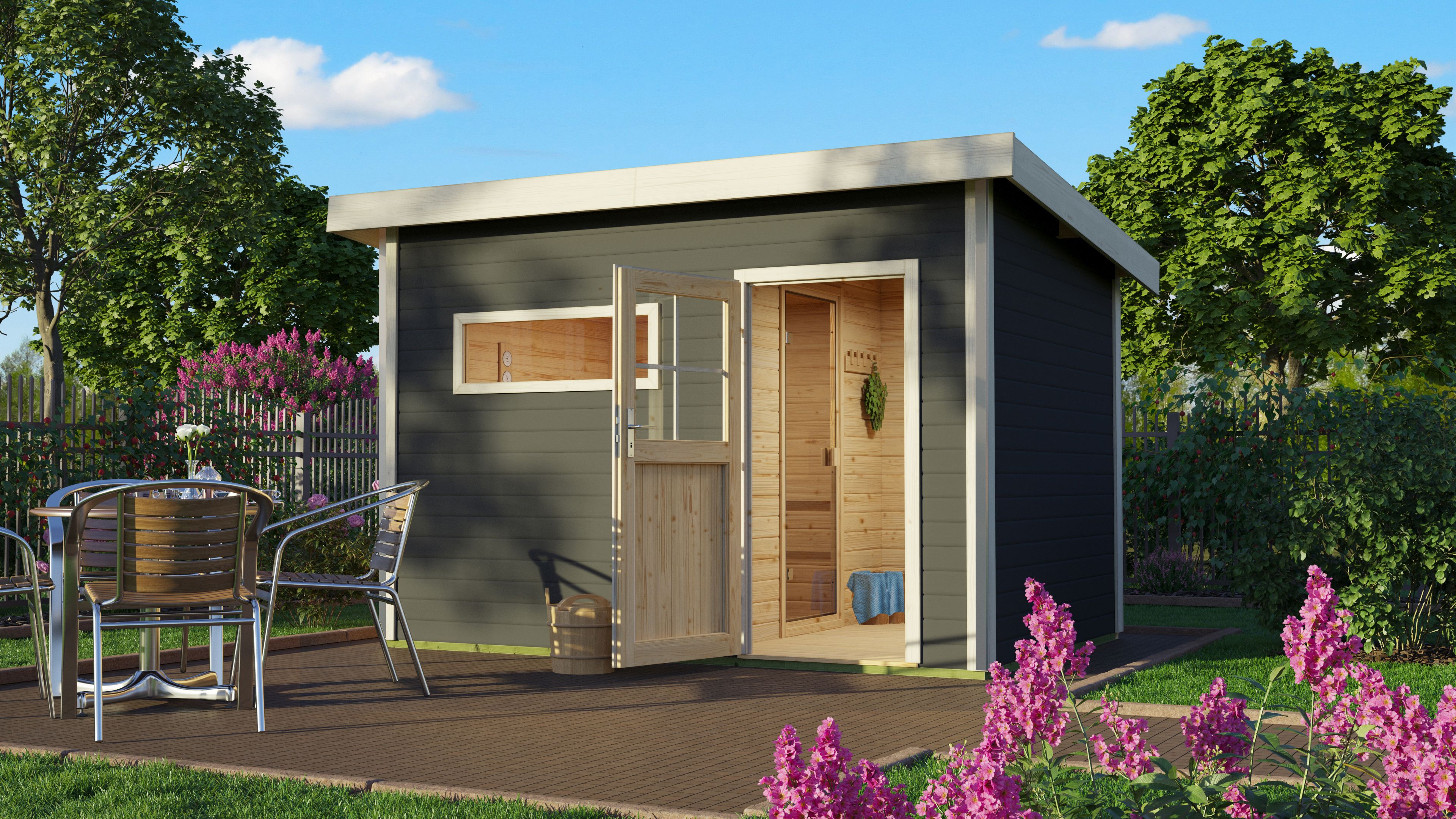 Karibu Saunahaus Skrollan 2 mit Vorraum terragrau inkl. 9-teiligem Gratis-Zubehörpaket im Wert von 137,95 €