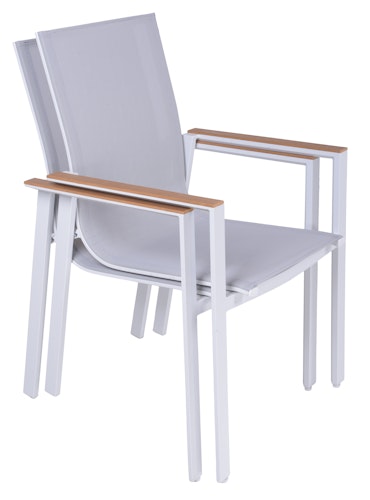 Garden Pleasure Gartenmöbel Set VENICE 03, Tisch 200 x 100 + 2 Bänke + 2 Stapelssessel, Alu Weiß / Nonwood Teak-Optik / Kunststoffgewebe Hellgrau