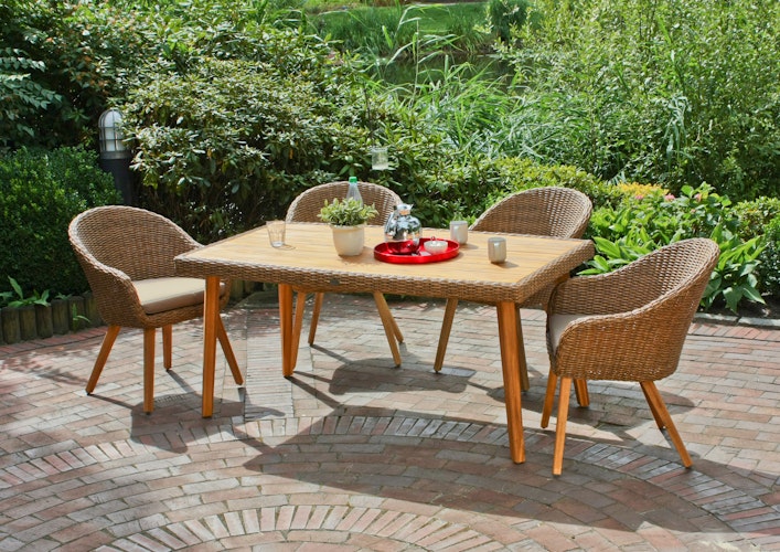 Garden Pleasure Gartenmöbel Set CARSON, Tisch 162 x 90 + 4 Sessel, Akazie / Polyrattan Hellbraun / Kissen 100 % Polyester Taupe