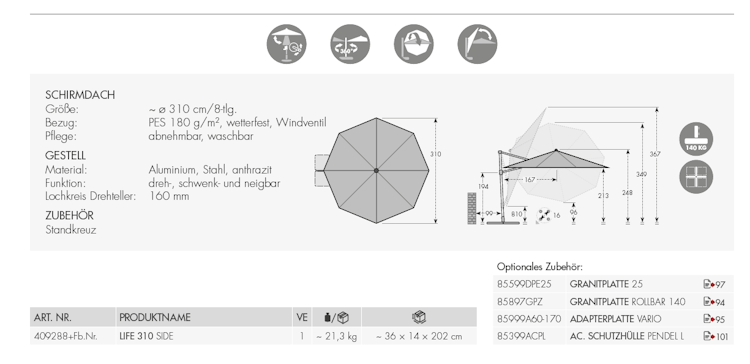 doppler Pendelschirm LIFE 310 Side, Aluminium Anthrazit / 100 % Polyester 180 g/m² 