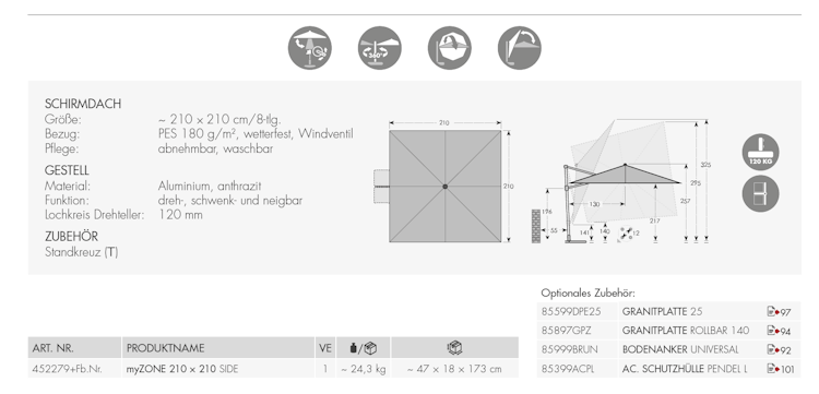 doppler Pendelschirm myZONE 210 x 210, Aluminium Anthrazit / 100 % Polyester 180 g/m²