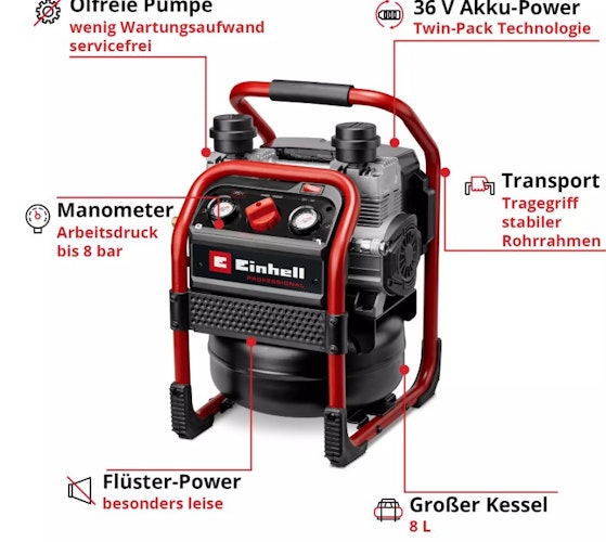 Einhell PROFESSIONAL Akku-Kompressor SILENZZO 36/210 4020380