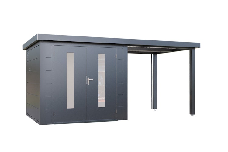 Wolff Finnhaus Premium Metall Gartenhaus Elvar 4824 Anthrazit inkl. 240 cm Anbaudach