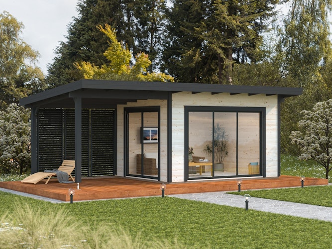 PRE:GA Gartenhaus Blauen Leimholz mit Isolierglas-Schiebetüren mit-Schleppdach 700 x 300 cm