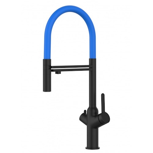 3 Wege Wasserhahn Küchenarmatur, BOD, mit 360° schwenkbarem Auslauf, abnehmbare 2 strahl Handbrause, Schwarz Matt / Hellblau