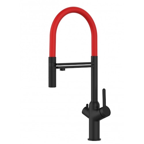 3 Wege Wasserhahn Küchenarmatur, BOD, mit 360° schwenkbarem Auslauf, abnehmbare 2 strahl Handbrause, Schwarz Matt / Rot