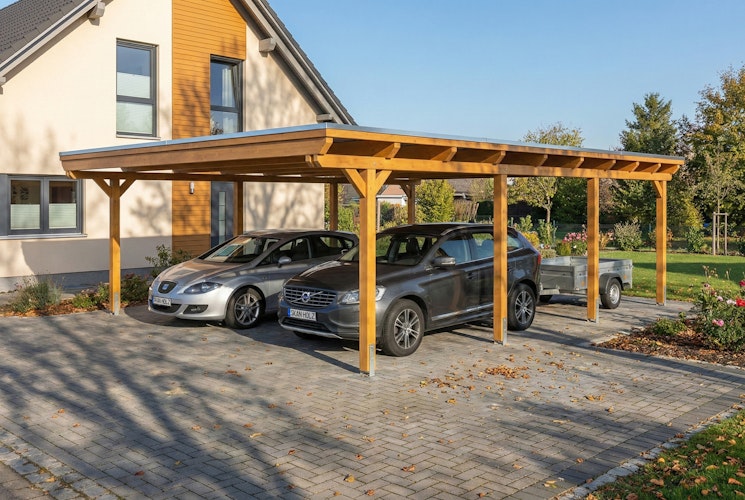 Skan Holz Emsland - Flachdach Doppelcarport aus Leimholz Breite 609 cm