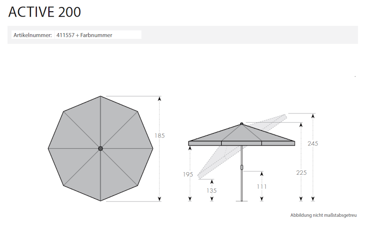 doppler Mittelmastschirm ACTIVE 200 Manual, Stahl Silber / 100 % Polyester 180 g/m²