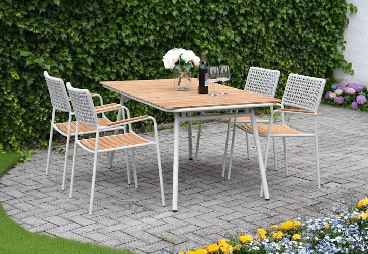 Garden Pleasure Gartenmöbel Set CARMEL, Tisch 150 x 90 + 4 Stapelsessel, Stahl Weiß / Teak / Rope