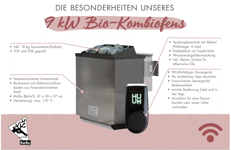Karibu 9 kW Bio-Kombiofen anthrazit inkl. Huum WLAN Steuergerät mit App-Steuerung