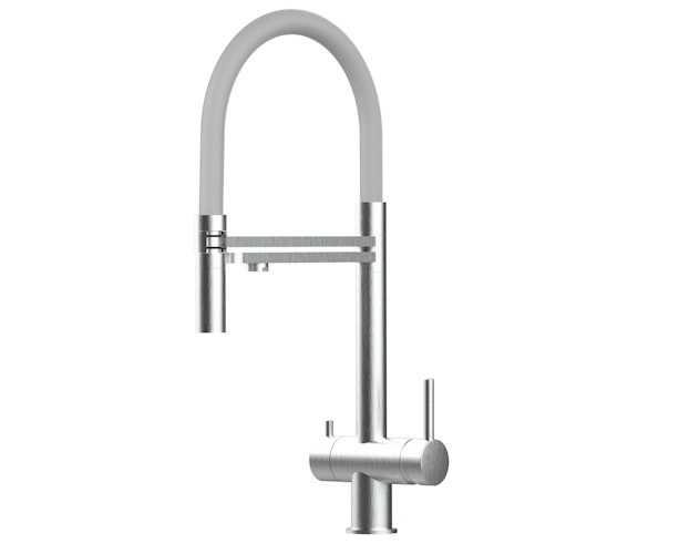 3 Wege Wasserhahn Küchenarmatur, Edelstahl Massiv mit 360° schwenkbarem Auslauf, abnehmbare 2 strahl Handbrause, Gebürstet / Grau