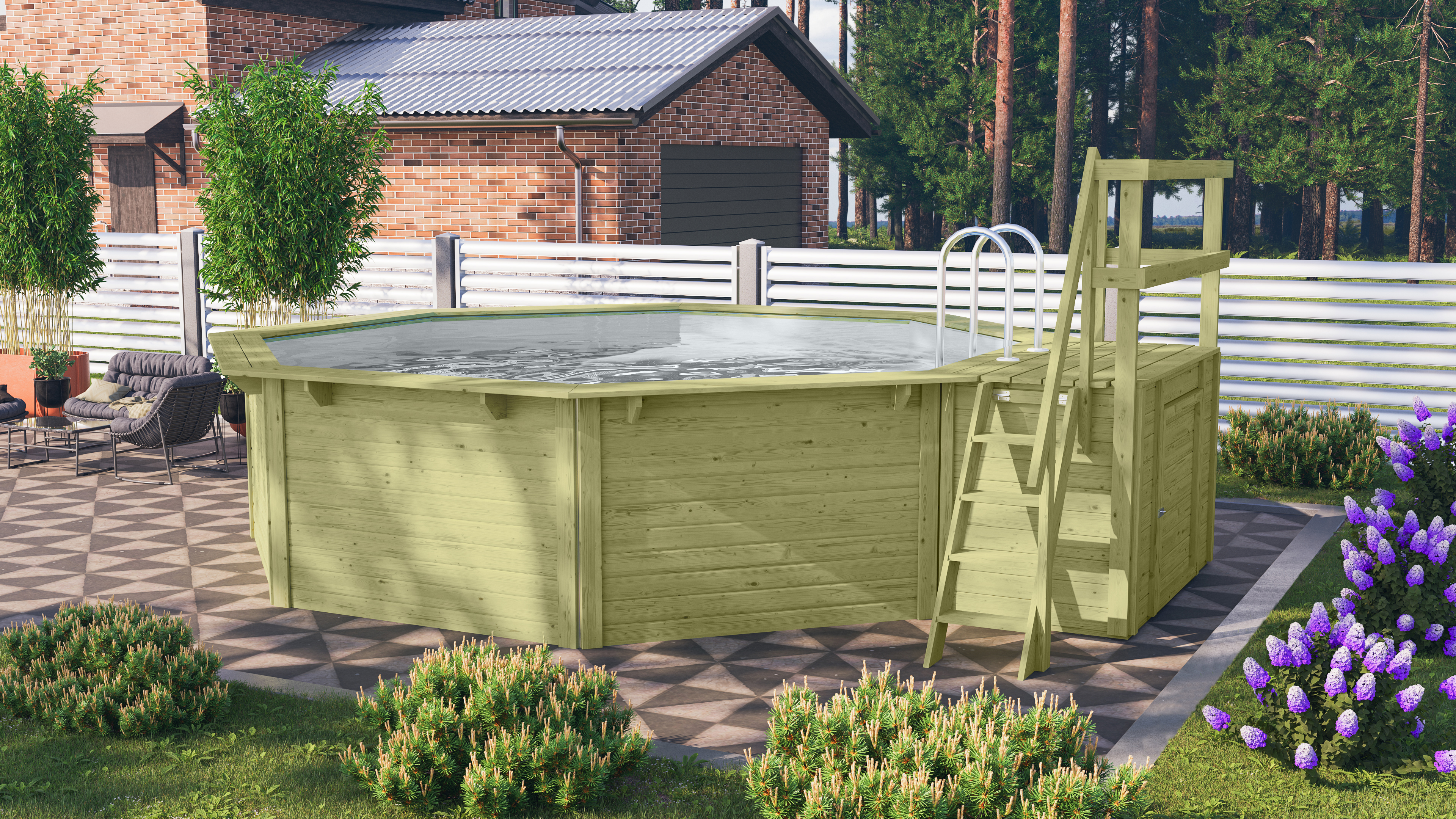 Karibu Pool Modell X2 470 x 470 cm mit Terrasse - kesseldruckimprägniert mit Metallecken inkl. gratis Sandfilteranlage & Pool-Starterset (Gesamtwert 418,99€)