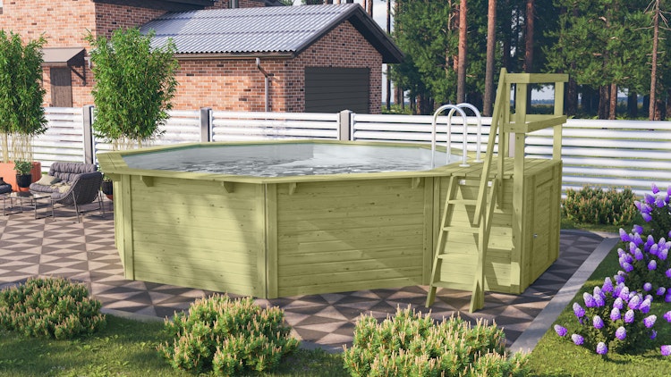 Karibu Pool Modell X2 470 x 470 cm mit Terrasse - kesseldruckimprägniert mit Metallecken